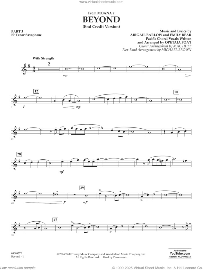Beyond (End Credit Version) from Moana 2 sheet music for concert band (pt.3 - Bb tenor saxophone) by Opetaia Foa'i, Michael Brown, Abigail Barlow and Emily Bear, intermediate skill level
