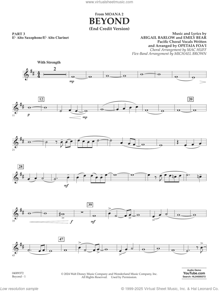 Beyond (End Credit Version) from Moana 2 sheet music for concert band (Eb alto sax/alto clar.) by Opetaia Foa'i, Michael Brown, Abigail Barlow and Emily Bear, intermediate skill level