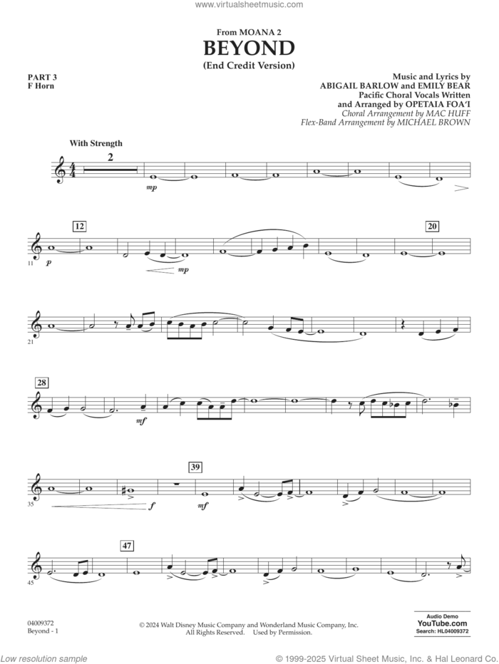 Beyond (End Credit Version) from Moana 2 sheet music for concert band (pt.3 - f horn) by Opetaia Foa'i, Michael Brown, Abigail Barlow and Emily Bear, intermediate skill level