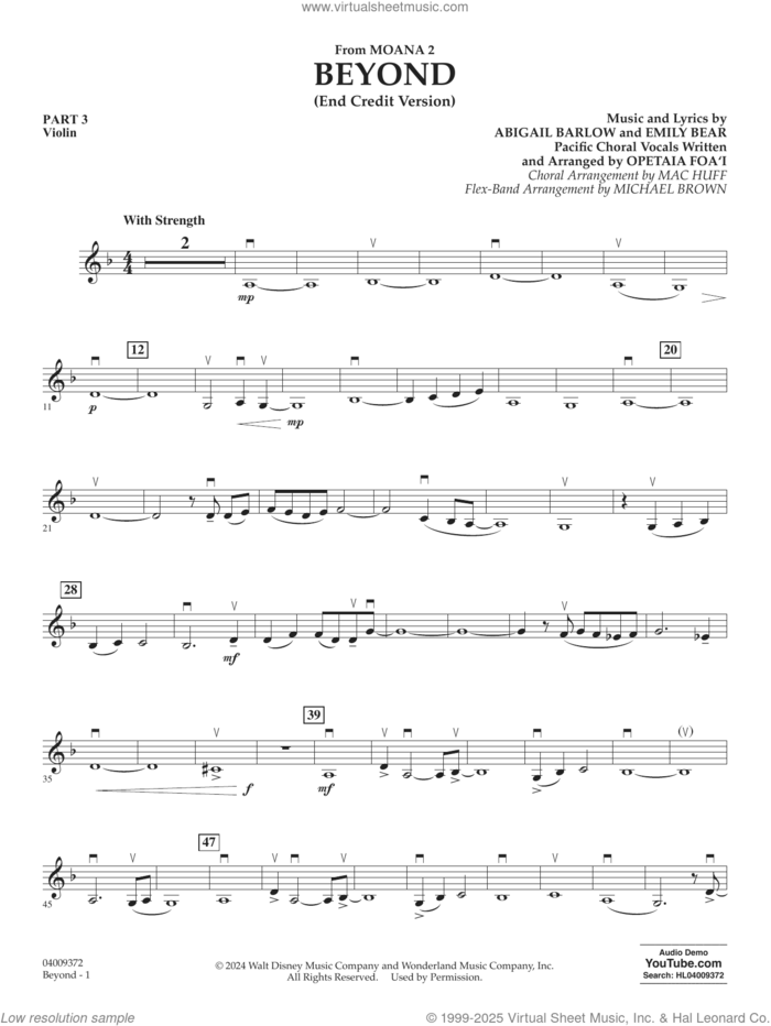 Beyond (End Credit Version) from Moana 2 sheet music for concert band (pt.3 - violin) by Opetaia Foa'i, Michael Brown, Abigail Barlow and Emily Bear, intermediate skill level