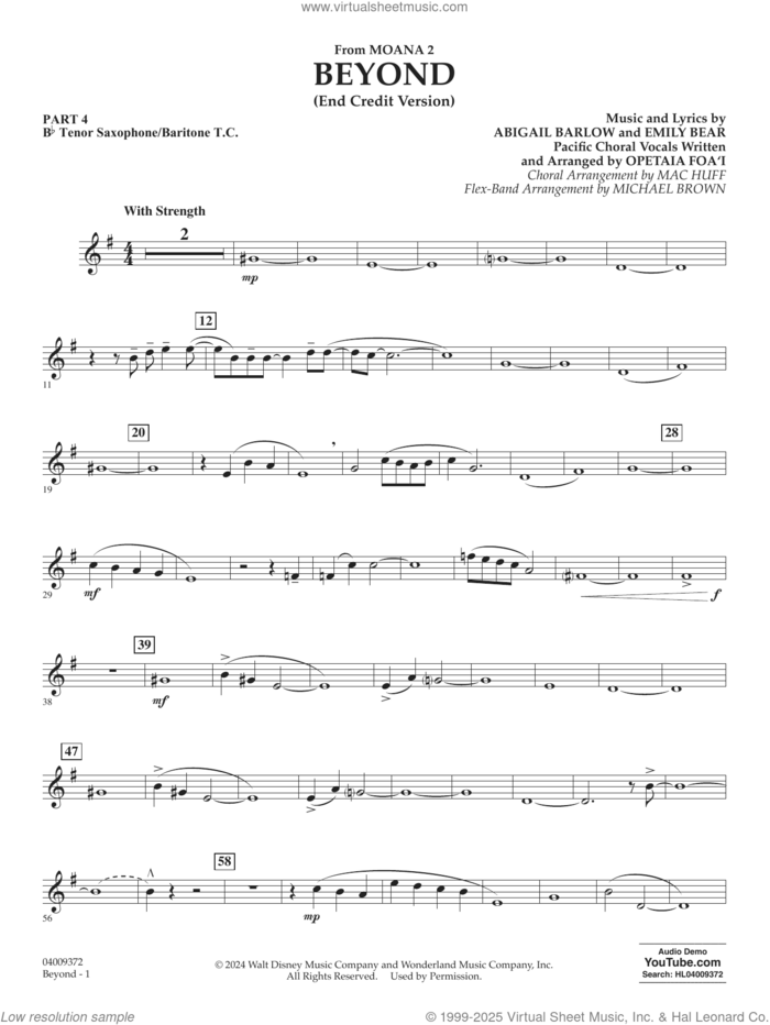 Beyond (End Credit Version) from Moana 2 sheet music for concert band (Bb tenor sax/bar. t.c.) by Opetaia Foa'i, Michael Brown, Abigail Barlow and Emily Bear, intermediate skill level