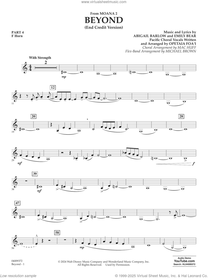 Beyond (End Credit Version) from Moana 2 sheet music for concert band (pt.4 - f horn) by Opetaia Foa'i, Michael Brown, Abigail Barlow and Emily Bear, intermediate skill level