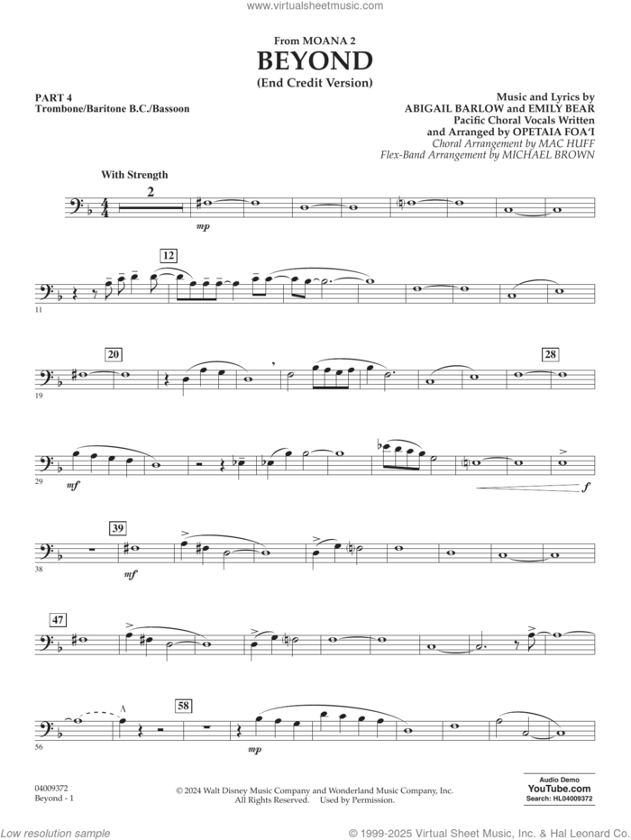 Beyond (End Credit Version) from Moana 2 sheet music for concert band (trombone/bar. b.c./bsn.) by Opetaia Foa'i, Michael Brown, Abigail Barlow and Emily Bear, intermediate skill level