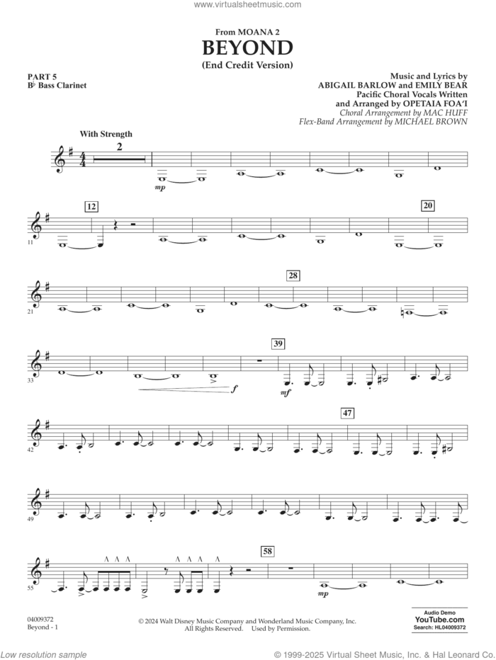 Beyond (End Credit Version) from Moana 2 sheet music for concert band (pt.5 - Bb bass clarinet) by Opetaia Foa'i, Michael Brown, Abigail Barlow and Emily Bear, intermediate skill level