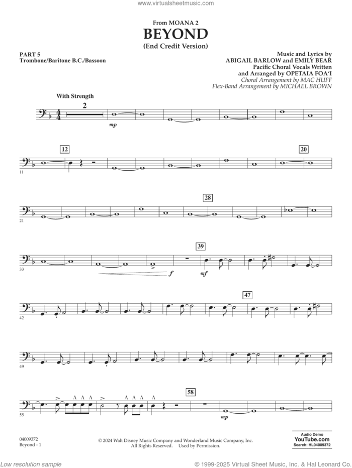 Beyond (End Credit Version) from Moana 2 sheet music for concert band (trombone/bar. b.c./bsn.) by Opetaia Foa'i, Michael Brown, Abigail Barlow and Emily Bear, intermediate skill level