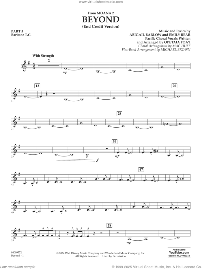 Beyond (End Credit Version) from Moana 2 sheet music for concert band (pt.5 - baritone t.c.) by Opetaia Foa'i, Michael Brown, Abigail Barlow and Emily Bear, intermediate skill level