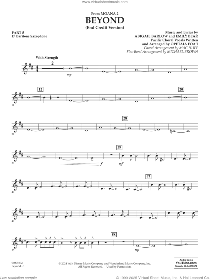 Beyond (End Credit Version) from Moana 2 sheet music for concert band (pt.5 - Eb baritone saxophone) by Opetaia Foa'i, Michael Brown, Abigail Barlow and Emily Bear, intermediate skill level