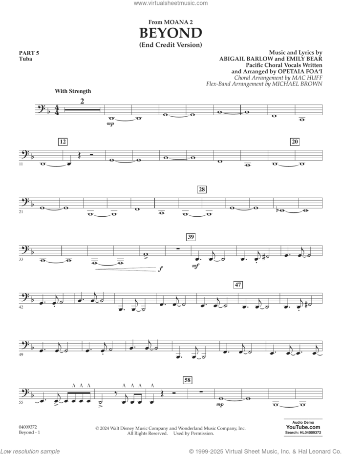 Beyond (End Credit Version) from Moana 2 sheet music for concert band (pt.5 - tuba) by Opetaia Foa'i, Michael Brown, Abigail Barlow and Emily Bear, intermediate skill level
