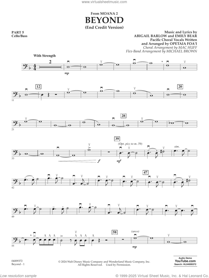Beyond (End Credit Version) from Moana 2 sheet music for concert band (cello/bass) by Opetaia Foa'i, Michael Brown, Abigail Barlow and Emily Bear, intermediate skill level