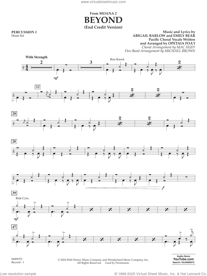Beyond (End Credit Version) from Moana 2 sheet music for concert band (percussion 1) by Opetaia Foa'i, Michael Brown, Abigail Barlow and Emily Bear, intermediate skill level