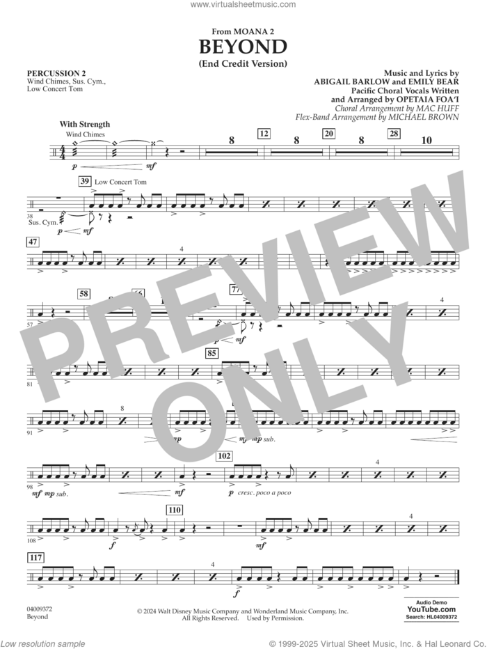 Beyond (End Credit Version) from Moana 2 sheet music for concert band (percussion 2) by Opetaia Foa'i, Michael Brown, Abigail Barlow and Emily Bear, intermediate skill level