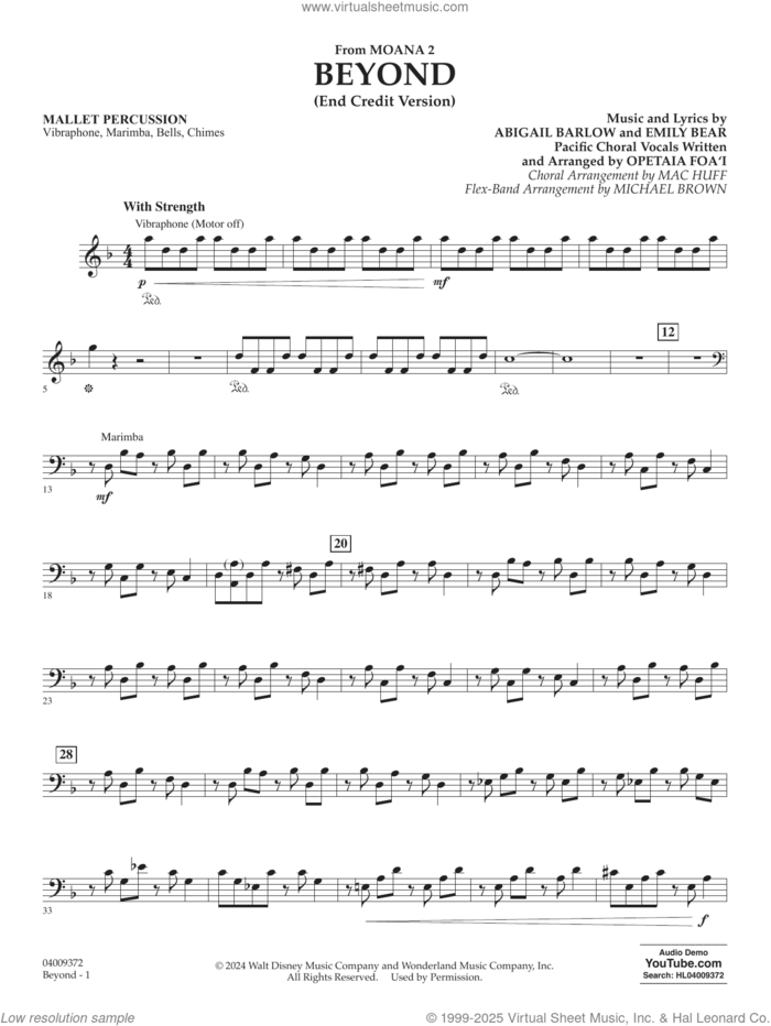 Beyond (End Credit Version) from Moana 2 sheet music for concert band (mallet percussion) by Opetaia Foa'i, Michael Brown, Abigail Barlow and Emily Bear, intermediate skill level