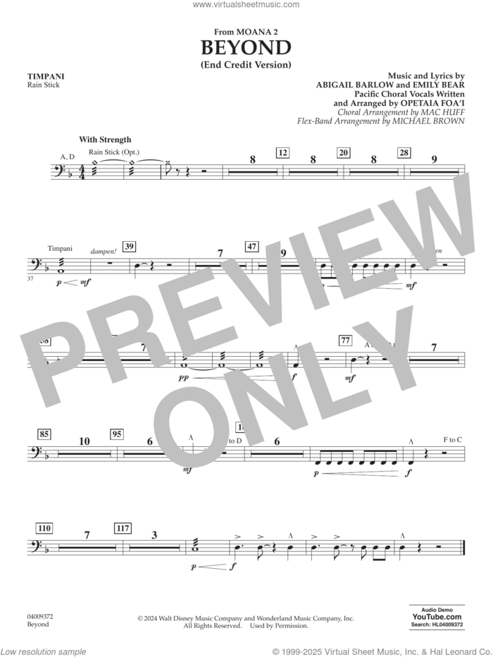 Beyond (End Credit Version) from Moana 2 sheet music for concert band (timpani) by Opetaia Foa'i, Michael Brown, Abigail Barlow and Emily Bear, intermediate skill level
