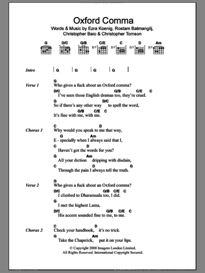 Oxford Comma sheet music for guitar (chords) by Vampire Weekend, Christopher Baio, Christopher Tomson, Ezra Koenig and Rostam Batmanglij, intermediate skill level
