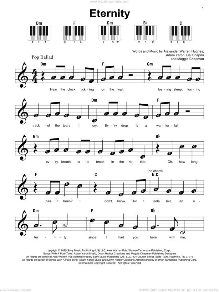 Eternity sheet music for piano solo by Alex Warren, Adam Yaron, Alexander Warren Hughes, Cal Shapiro and Maggie Chapman (Mags Duvall), beginner skill level
