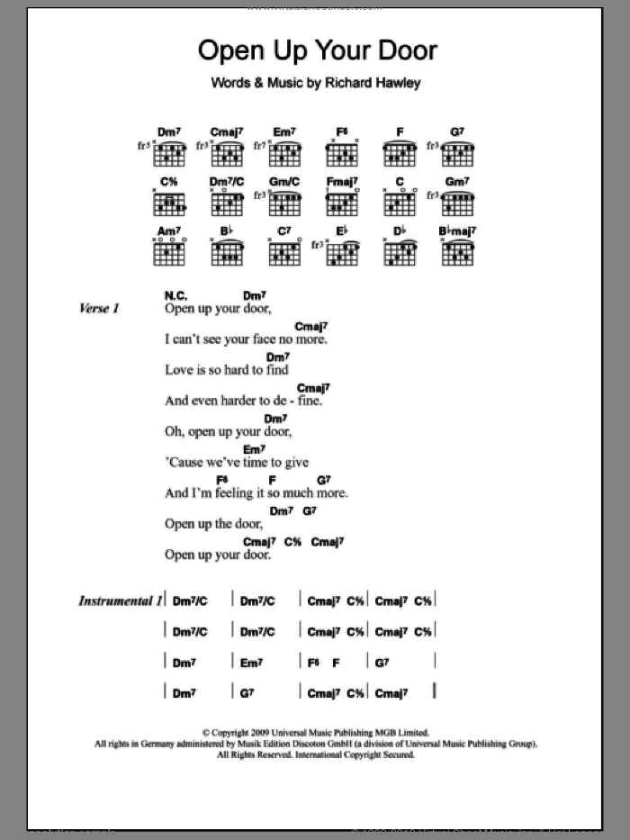 Open Up Your Door sheet music for guitar (chords) by Richard Hawley, intermediate skill level