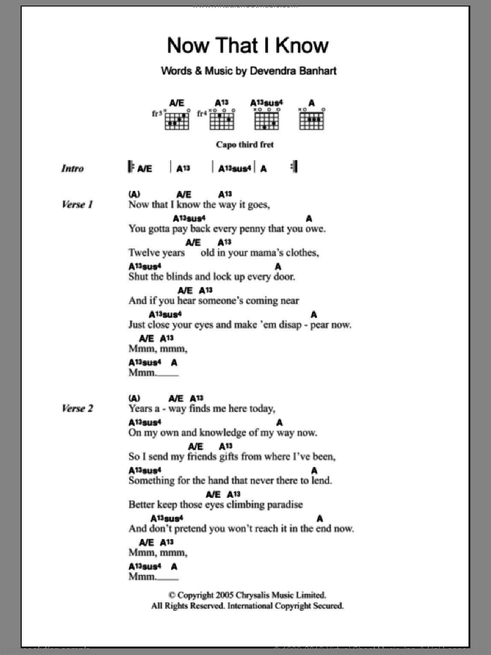 Now That I Know sheet music for guitar (chords) by Devendra Banhart, intermediate skill level