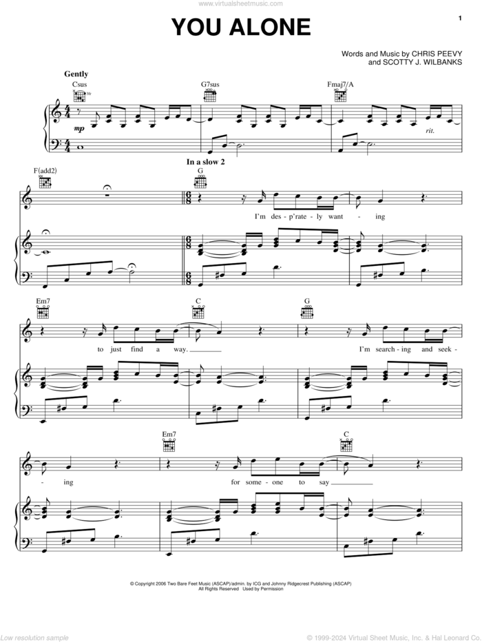 You Alone sheet music for voice, piano or guitar by Echoing Angels, Chris Peevy and Scotty J. Wilbanks, intermediate skill level