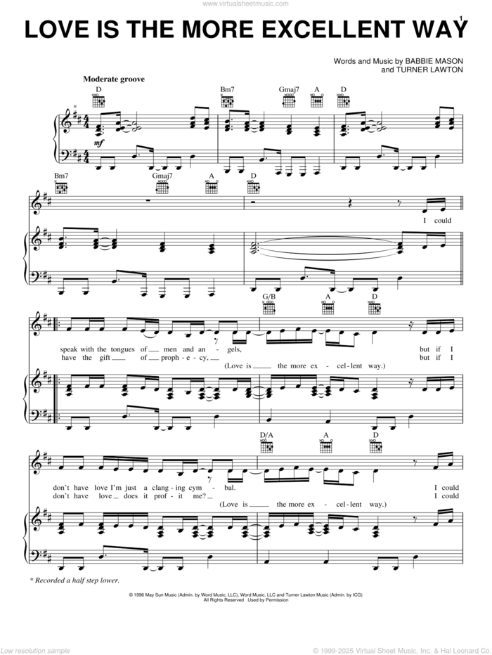 Love Is The More Excellent Way sheet music for voice, piano or guitar by Babbie Mason and Turner Lawton, wedding score, intermediate skill level