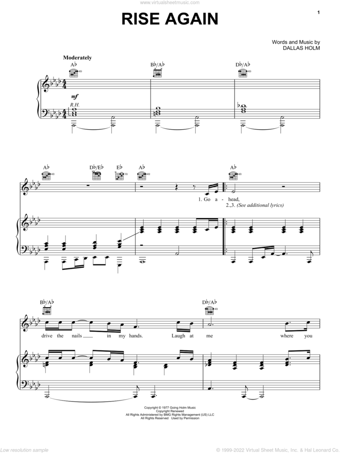 Rise Again sheet music for voice, piano or guitar by Dallas Holm, intermediate skill level