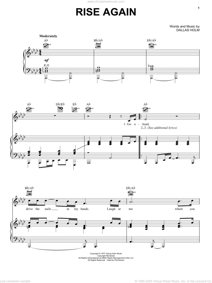 Rise Again sheet music for voice, piano or guitar by Dallas Holm, intermediate skill level