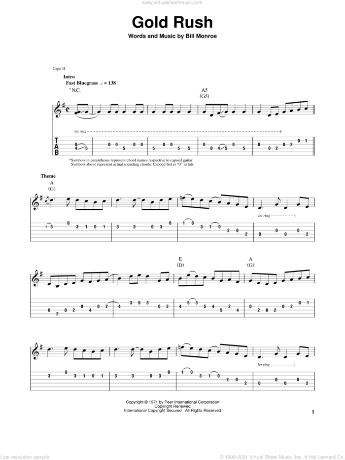 Gold Rush sheet music for guitar (tablature, play-along) by Tony Rice and Bill Monroe, intermediate skill level