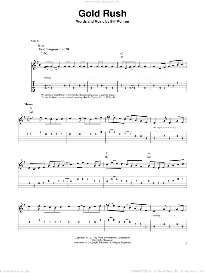 Gold Rush sheet music for guitar (tablature, play-along) by Tony Rice and Bill Monroe, intermediate skill level