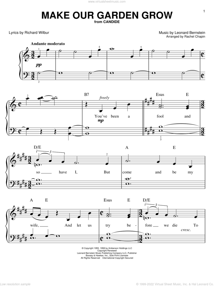 Make Our Garden Grow sheet music for piano solo by Leonard Bernstein and Richard Wilbur, easy skill level