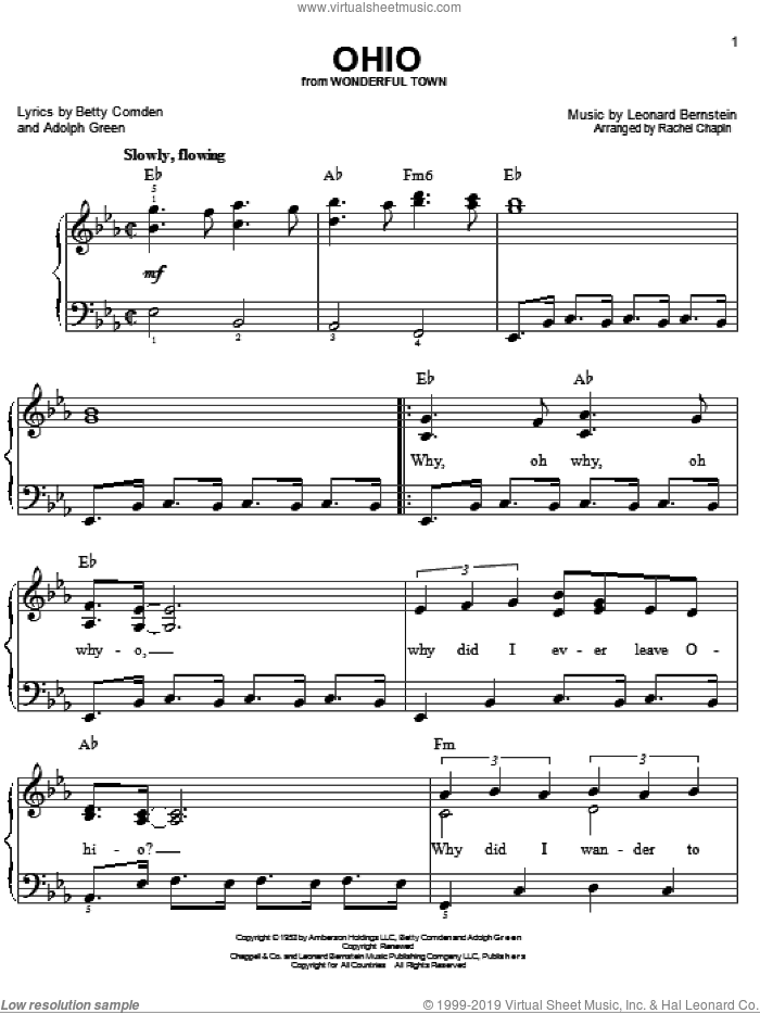 Ohio sheet music for piano solo by Leonard Bernstein, Adolph Green and Betty Comden, easy skill level