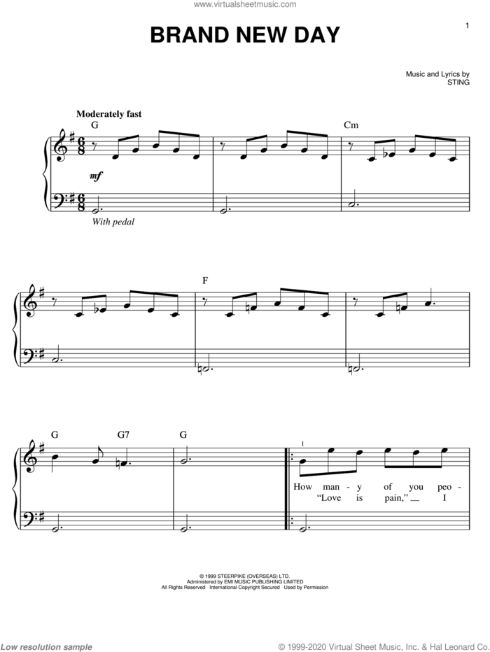 Brand New Day sheet music for piano solo by Sting, easy skill level