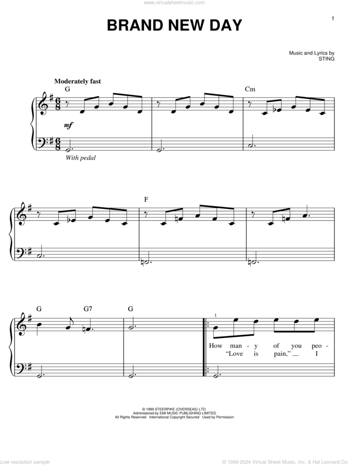 Brand New Day sheet music for piano solo by Sting, easy skill level