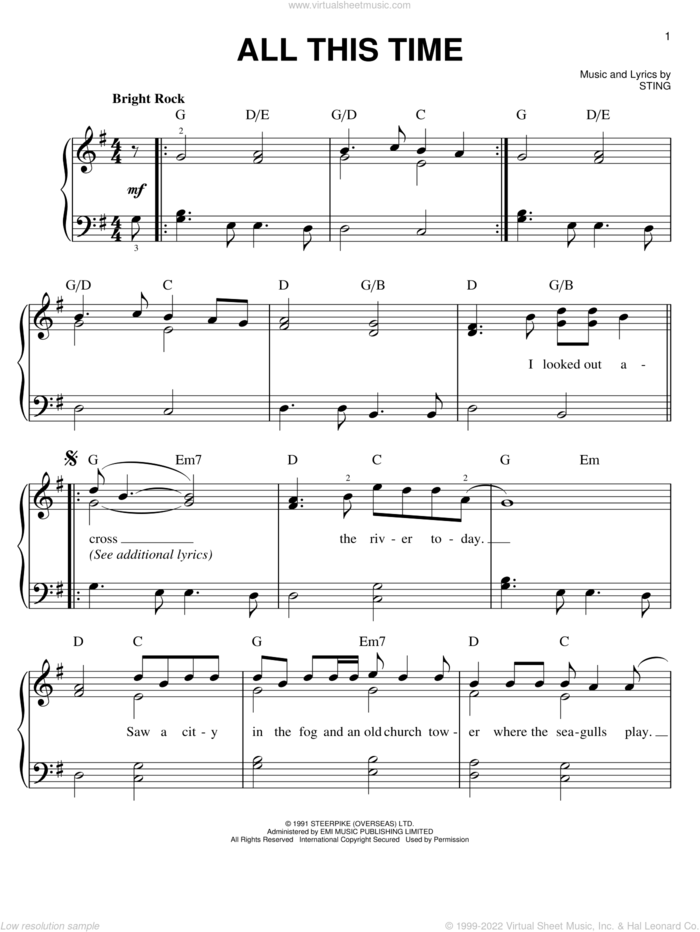 All This Time sheet music for piano solo by Sting, easy skill level
