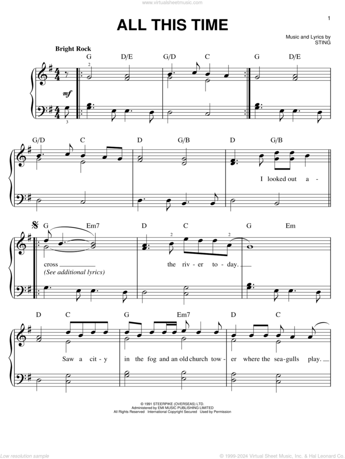 All This Time sheet music for piano solo by Sting, easy skill level