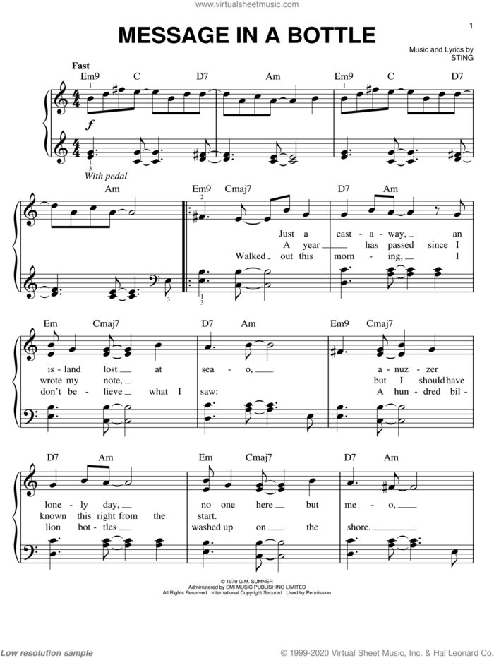 Message In A Bottle sheet music for piano solo by The Police and Sting, easy skill level