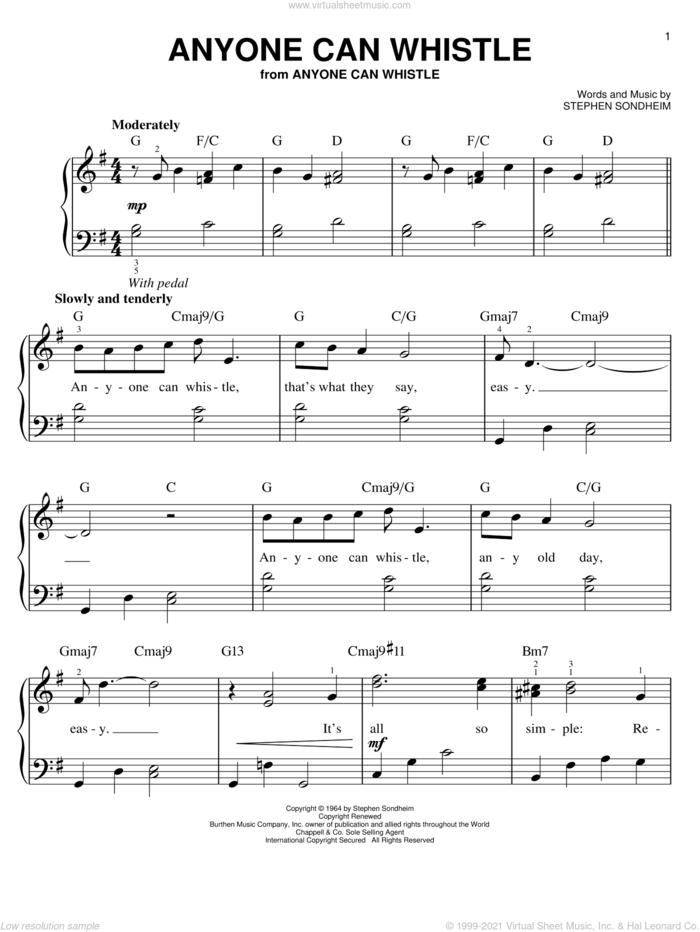Anyone Can Whistle sheet music for piano solo by Stephen Sondheim, easy skill level