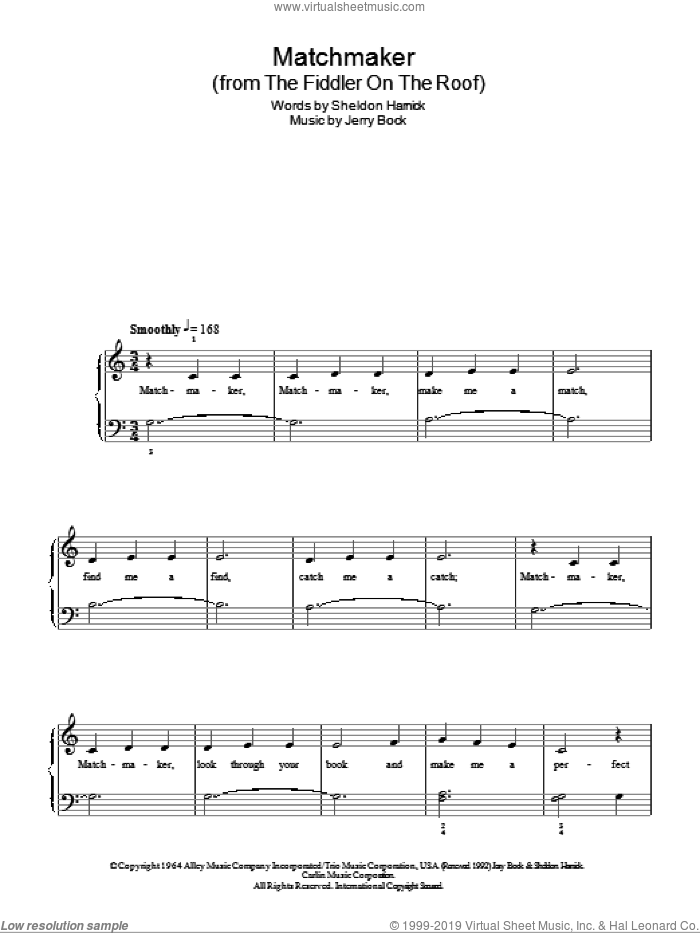Matchmaker sheet music for piano solo by Bock & Harnick, Fiddler On The Roof (Musical), Jerry Bock and Sheldon Harnick, easy skill level