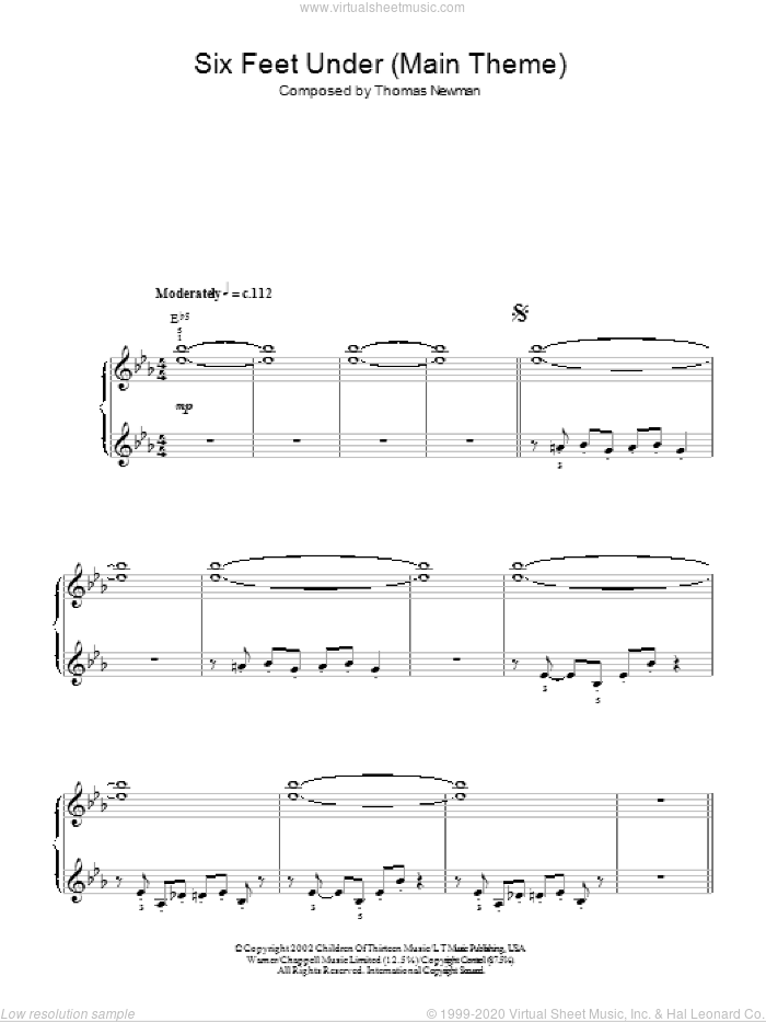 Theme from Six Feet Under sheet music for piano solo by Thomas Newman, easy skill level