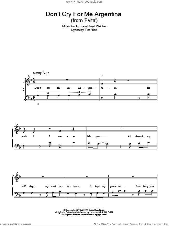 Don't Cry For Me Argentina sheet music for piano solo by Andrew Lloyd Webber, Evita (Musical) and Tim Rice, easy skill level