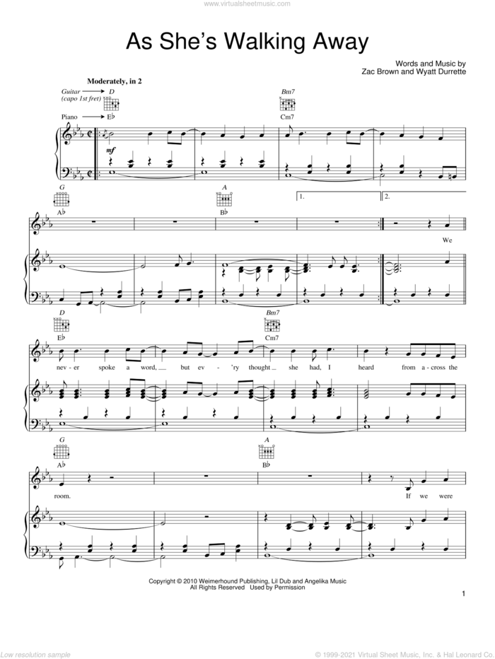 As She's Walking Away sheet music for voice, piano or guitar by Zac Brown Band featuring Alan Jackson, Alan Jackson and Zac Brown Band, Wyatt Durrette and Zac Brown, intermediate skill level