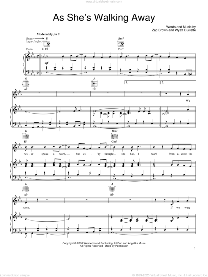 As She's Walking Away sheet music for voice, piano or guitar by Zac Brown Band featuring Alan Jackson, Alan Jackson and Zac Brown Band, Wyatt Durrette and Zac Brown, intermediate skill level