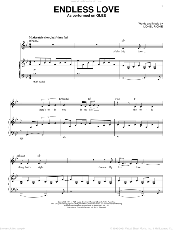 Endless Love (Vocal Duet) sheet music for voice and piano by Glee Cast, Miscellaneous and Lionel Richie, wedding score, intermediate skill level