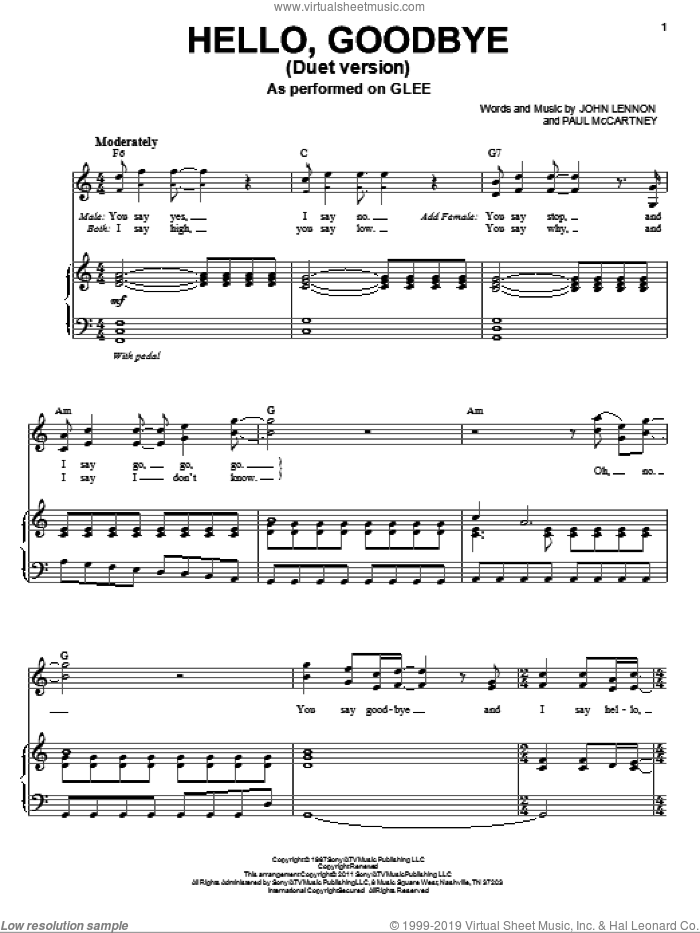 Hello, Goodbye (Vocal Duet) sheet music for voice and piano by Glee Cast, Miscellaneous, The Beatles, John Lennon and Paul McCartney, intermediate skill level