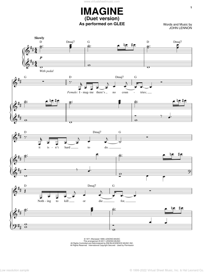 Imagine (Vocal Duet) sheet music for voice and piano by Glee Cast, Miscellaneous and John Lennon, intermediate skill level