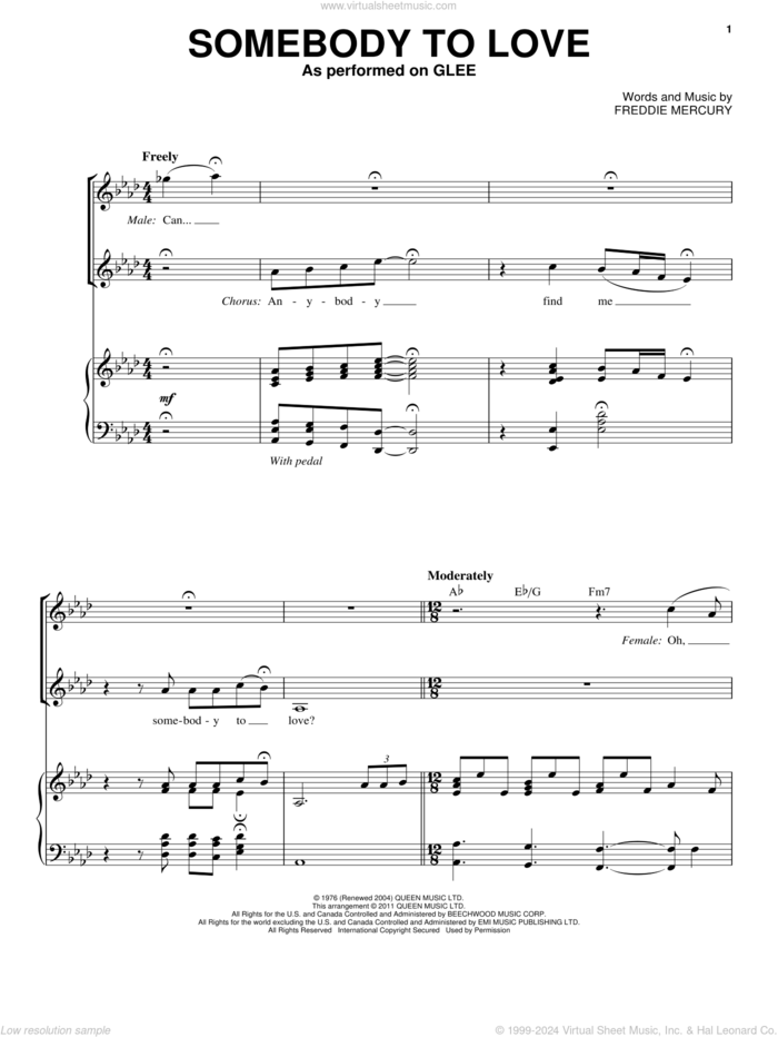 Somebody To Love (Vocal Duet) sheet music for voice and piano by Glee Cast, Miscellaneous, Queen and Freddie Mercury, intermediate skill level