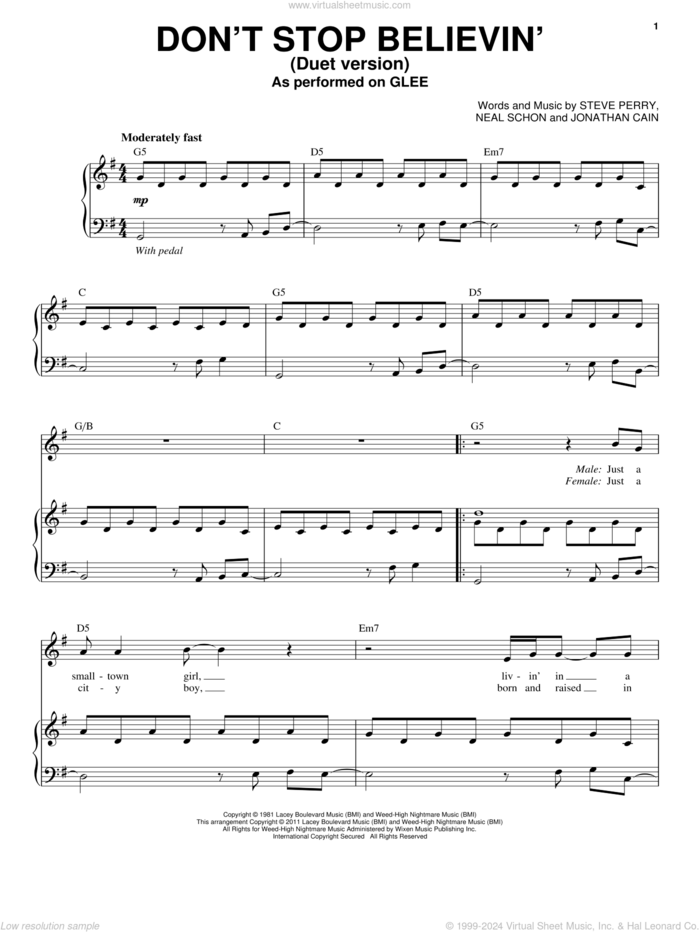 Don't Stop Believin' (Vocal Duet) sheet music for voice and piano by Glee Cast, Journey, Miscellaneous, Jonathan Cain, Neal Schon and Steve Perry, intermediate skill level