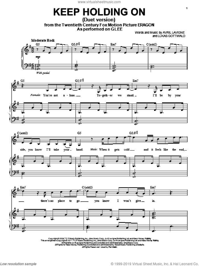 Keep Holding On (Vocal Duet) sheet music for voice and piano by Glee Cast, Eragon (Movie), Miscellaneous, Avril Lavigne and Lukasz Gottwald, intermediate skill level