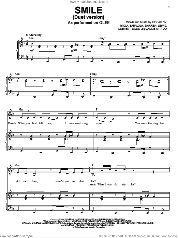 Smile (Vocal Duet) sheet music for voice and piano by Glee Cast, Miscellaneous, Clement Dodd, Darren Lewis, Iyiola Bablola, Jackie Mittoo and Lily Allen, intermediate skill level