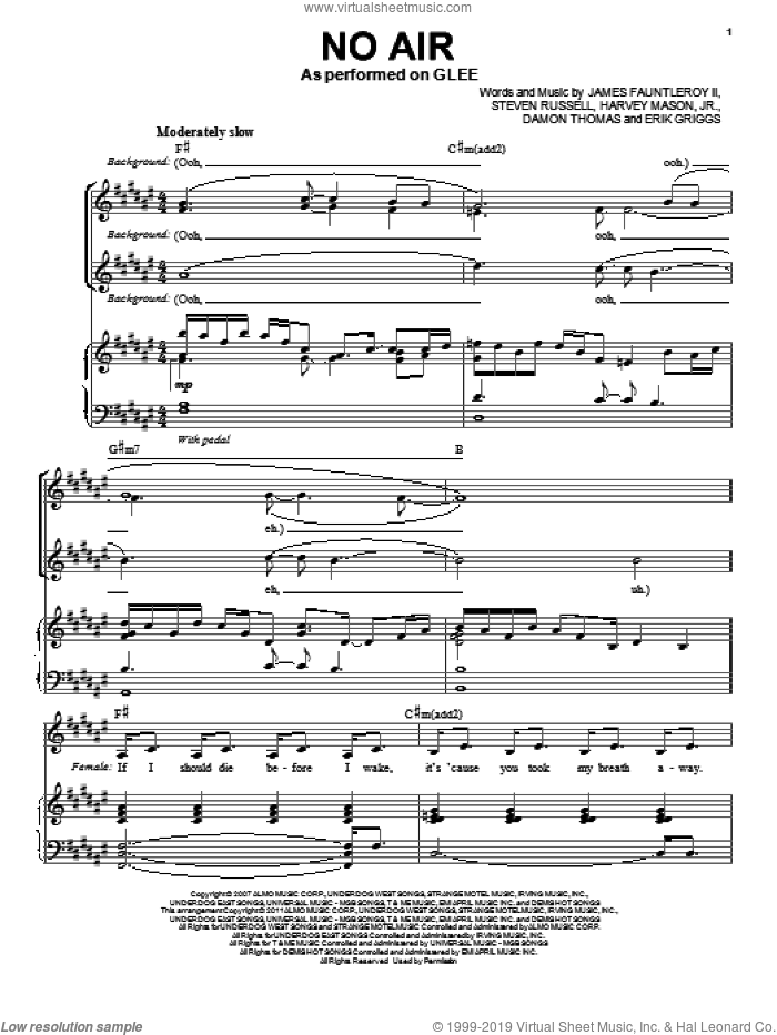 No Air (Vocal Duet) sheet music for voice and piano by Glee Cast, Jordin Sparks, Miscellaneous, Damon Thomas, Erik Griggs, Harvey Mason, Jr., James Fauntleroy and Steven Russell, intermediate skill level