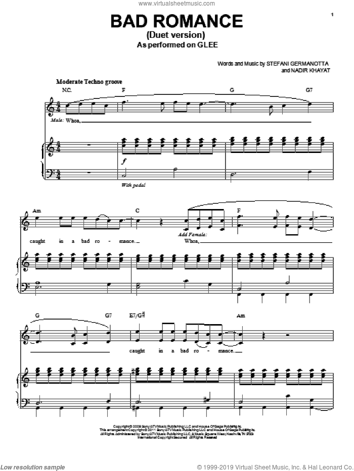 Bad Romance (Vocal Duet) sheet music for voice and piano by Glee Cast, Lady GaGa, Miscellaneous, Lady Gaga and Nadir Khayat, intermediate skill level