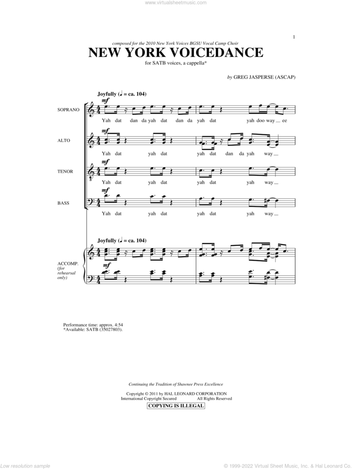NY Voicedance sheet music for choir (SATB: soprano, alto, tenor, bass) by Greg Jasperse, intermediate skill level